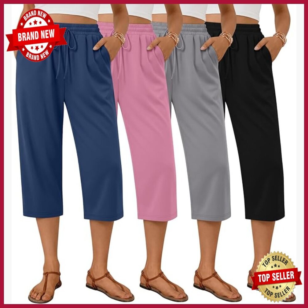 4 Pack Women's Capri Sweatpants Wide Leg Yoga Pants Drawstring Lounge Pockets